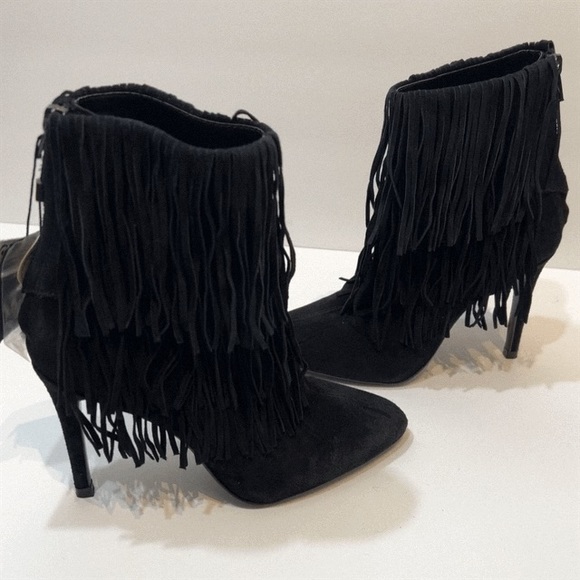 ZARA Fringed Suede Leather Ankle Boots High Heel Black Booties • Influencer Fav! - Picture 7 of 12